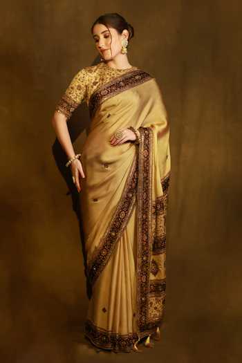 Afriya Viscose Satin Organza Saree & Linen Satin Blouse Set