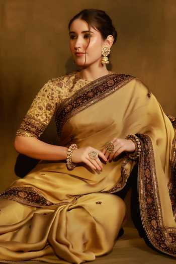 Buy Afriya Gold Organza, Satin, Viscose, Linen Round Neck Saree And Blouse Set Online at Aza Fashions Buy_Afriya_Gold Organza, Satin, Viscose, Linen Round Neck Saree And Blouse Set _Online_at_Aza_Fashions