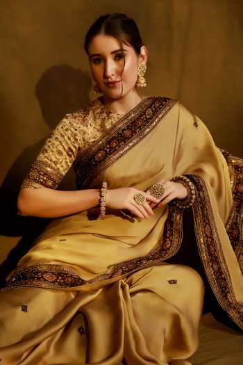 Afriya Gold Organza, Satin, Viscose, Linen Round Neck Saree And Blouse Set at Aza Fashions Afriya_Gold Organza, Satin, Viscose, Linen Round Neck Saree And Blouse Set _at_Aza_Fashions
