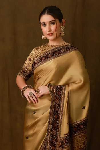 Buy Afriya Gold Organza, Satin, Viscose, Linen Round Neck Saree And Blouse Set Buy_Afriya_Gold Organza, Satin, Viscose, Linen Round Neck Saree And Blouse Set