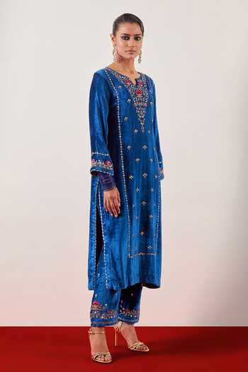 Shop_Anantaa By Roohi_Blue Viscose, Velvet, Chanderi, Tissue Notched Neck, Yes Embroidered Kurta Set _Online_at_Aza_Fashions
