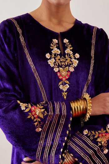 Shop Anantaa By Roohi Purple Viscose, Velvet Embroidery, Sequins, Zari, Cut Work, Gota Patti Gown Online at Aza Fashions Shop_Anantaa By Roohi_Purple Viscose, Velvet Embroidery, Sequins, Zari, Cut Work, Gota Patti Gown _Online_at_Aza_Fashions