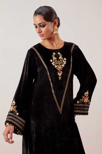 Buy_Anantaa By Roohi_Black Viscose, Velvet Embroidery, Sequins, Zari, Cut Work, Gota Patti Round Gown _Online_at_Aza_Fashions