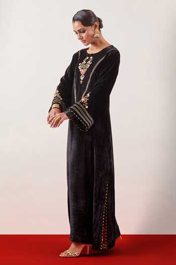Shop_Anantaa By Roohi_Black Viscose, Velvet Embroidery, Sequins, Zari, Cut Work, Gota Patti Round Gown _Online_at_Aza_Fashions