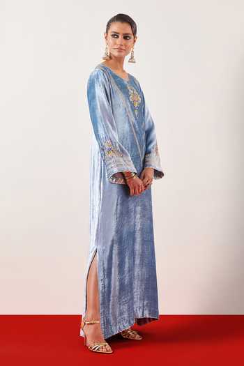 Anantaa By Roohi Blue Viscose, Velvet Embroidery, Sequins, Zari, Cut Work Round Greyish Gown Online at Aza Fashions Anantaa By Roohi_Blue Viscose, Velvet Embroidery, Sequins, Zari, Cut Work Round Greyish Gown _Online_at_Aza_Fashions