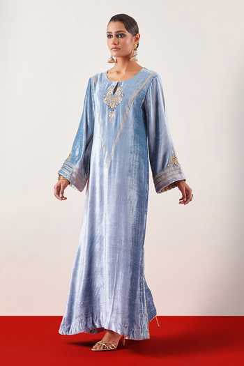 Buy Anantaa By Roohi Blue Viscose, Velvet Embroidery, Sequins, Zari, Cut Work Round Greyish Gown Online at Aza Fashions Buy_Anantaa By Roohi_Blue Viscose, Velvet Embroidery, Sequins, Zari, Cut Work Round Greyish Gown _Online_at_Aza_Fashions