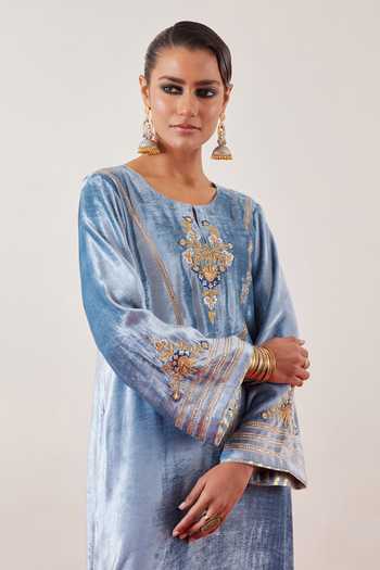 Shop Anantaa By Roohi Blue Viscose, Velvet Embroidery, Sequins, Zari, Cut Work Round Greyish Gown Online at Aza Fashions Shop_Anantaa By Roohi_Blue Viscose, Velvet Embroidery, Sequins, Zari, Cut Work Round Greyish Gown _Online_at_Aza_Fashions