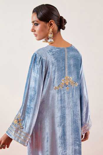 Anantaa By Roohi Blue Viscose, Velvet Embroidery, Sequins, Zari, Cut Work Round Greyish Gown at Aza Fashions Anantaa By Roohi_Blue Viscose, Velvet Embroidery, Sequins, Zari, Cut Work Round Greyish Gown _at_Aza_Fashions
