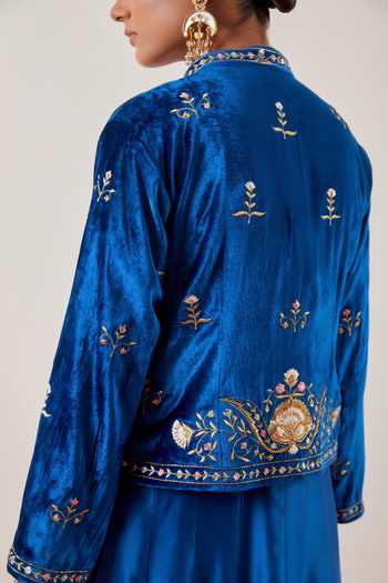 Anantaa By Roohi Blue Embroidered Short Velvet Jacket