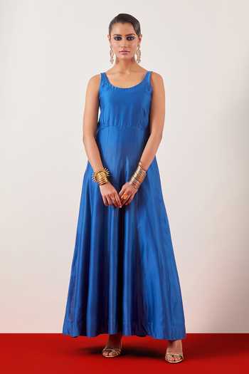 Anantaa By Roohi_Blue Silk, Chanderi, Viscose, Embroidered Jacket With Floor Length Anarkali _Online_at_Aza_Fashions