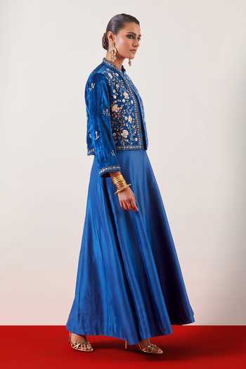 Buy_Anantaa By Roohi_Blue Silk, Chanderi, Viscose, Embroidered Jacket With Floor Length Anarkali _Online_at_Aza_Fashions