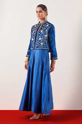 Shop_Anantaa By Roohi_Blue Silk, Chanderi, Viscose, Embroidered Jacket With Floor Length Anarkali _Online_at_Aza_Fashions
