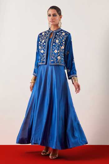 Anantaa By Roohi Blue Embroidered Jacket With Floor Length Anarkali