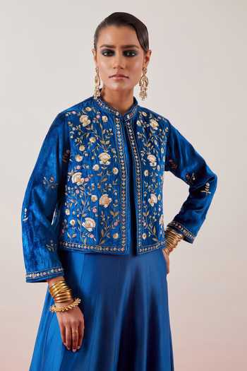 Anantaa By Roohi_Blue Silk, Chanderi, Viscose, Embroidered Jacket With Floor Length Anarkali _at_Aza_Fashions