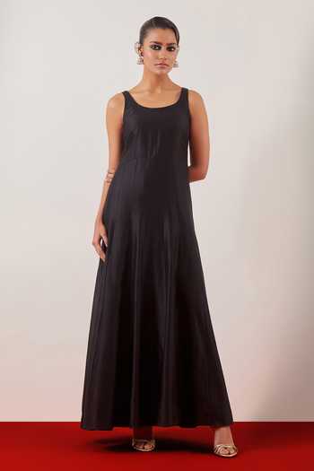 Anantaa By Roohi_Black Silk, Chanderi, Viscose, Embroidered Jacket With Floor Length Anarkali Set _Online_at_Aza_Fashions