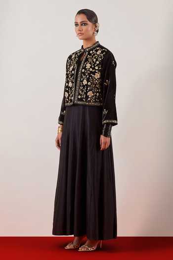 Buy_Anantaa By Roohi_Black Silk, Chanderi, Viscose, Embroidered Jacket With Floor Length Anarkali Set _Online_at_Aza_Fashions