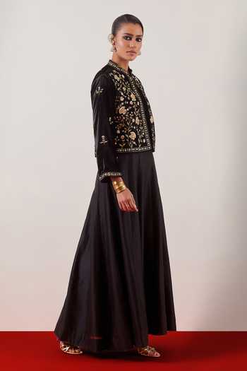 Shop_Anantaa By Roohi_Black Silk, Chanderi, Viscose, Embroidered Jacket With Floor Length Anarkali Set _Online_at_Aza_Fashions