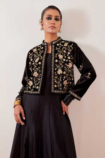 Anantaa By Roohi Black Silk, Chanderi, Viscose, Embroidered Jacket With Floor Length Anarkali Set at Aza Fashions Anantaa By Roohi_Black Silk, Chanderi, Viscose, Embroidered Jacket With Floor Length Anarkali Set _at_Aza_Fashions