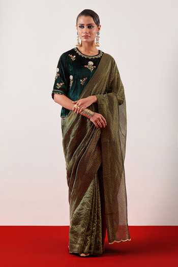 Anantaa By Roohi_Green Viscose, Velvet Round Neck Deep Embroidered Blouse _Online_at_Aza_Fashions