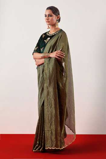 Buy_Anantaa By Roohi_Green Viscose, Velvet Round Neck Deep Embroidered Blouse _Online_at_Aza_Fashions