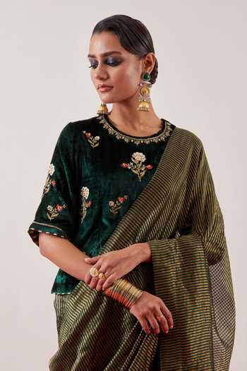 Buy_Anantaa By Roohi_Green Chanderi, Tissue Striped Saree _Online_at_Aza_Fashions