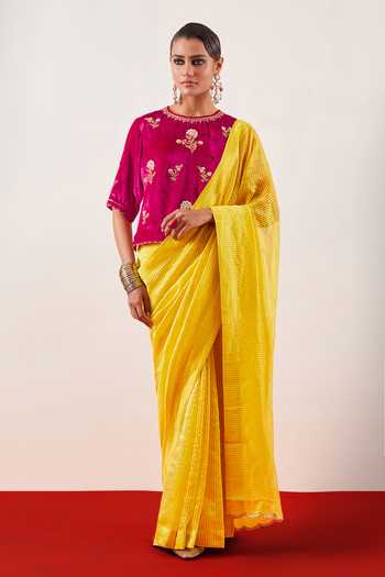 Anantaa By Roohi_Magenta Viscose, Velvet Round Neck Embroidered Blouse _Online_at_Aza_Fashions
