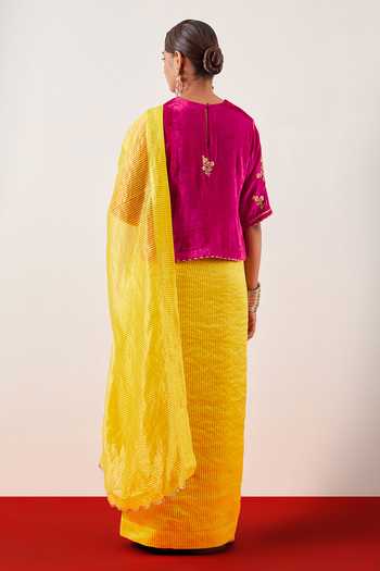Shop_Anantaa By Roohi_Magenta Viscose, Velvet Round Neck Embroidered Blouse _Online_at_Aza_Fashions