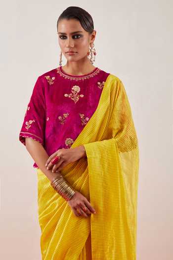 Anantaa By Roohi_Yellow Chanderi, Tissue Golden Striped Saree _Online_at_Aza_Fashions