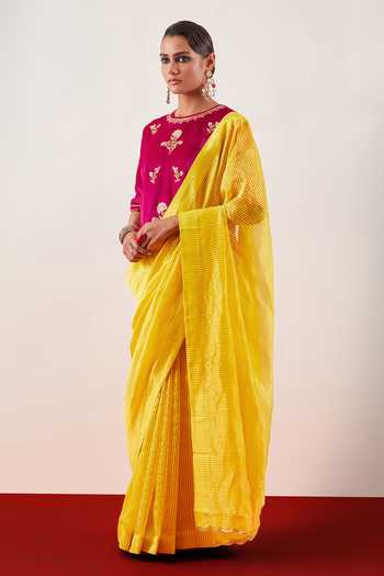 Anantaa By Roohi Yellow Chanderi, Tissue, Viscose, Velvet Round Neck Saree With Blouse Online at Aza Fashions Anantaa By Roohi_Yellow Chanderi, Tissue, Viscose, Velvet Round Neck Saree With Blouse _Online_at_Aza_Fashions