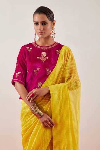 Buy Anantaa By Roohi Yellow Chanderi, Tissue, Viscose, Velvet Round Neck Saree With Blouse Online at Aza Fashions Buy_Anantaa By Roohi_Yellow Chanderi, Tissue, Viscose, Velvet Round Neck Saree With Blouse _Online_at_Aza_Fashions