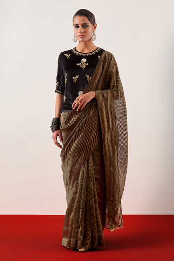 Buy_Anantaa By Roohi_Black Viscose, Velvet Round Neck Embroidered Blouse _Online_at_Aza_Fashions