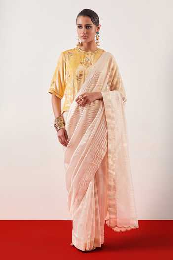 Anantaa By Roohi_Cream Viscose, Velvet Round Neck Embroidered Blouse _Online_at_Aza_Fashions