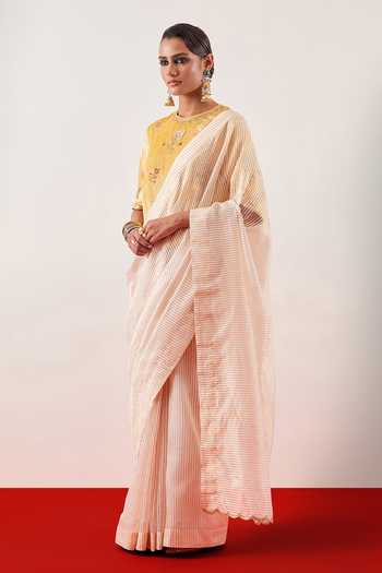 Buy_Anantaa By Roohi_Cream Viscose, Velvet Round Neck Embroidered Blouse _Online_at_Aza_Fashions