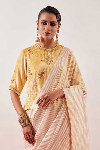 Anantaa By Roohi_Off White Chanderi, Tissue, Viscose, Velvet Round Striped Saree With Blouse _at_Aza_Fashions