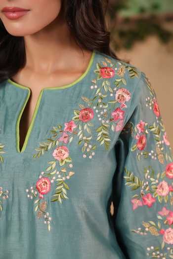 Shop_Anshu Wadhwa_Teal Chanderi Split V-neck, Yes Embroidered Kurta And Pant Set _Online_at_Aza_Fashions