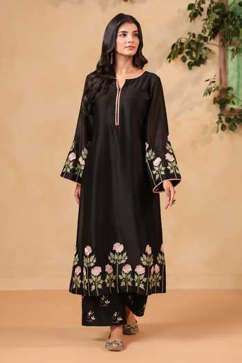 Buy_Anshu Wadhwa_Black Organza, Chanderi Split V-neck Embroidered And Kurta Set _Online_at_Aza_Fashions