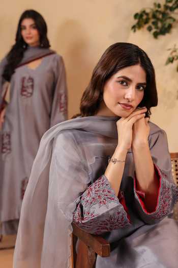 Anshu Wadhwa_Grey Organza, Chanderi V-neck, Yes Hand Painted Kurta Set _at_Aza_Fashions