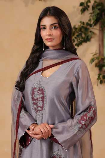 Buy_Anshu Wadhwa_Grey Organza, Chanderi V-neck, Yes Hand Painted Kurta Set 