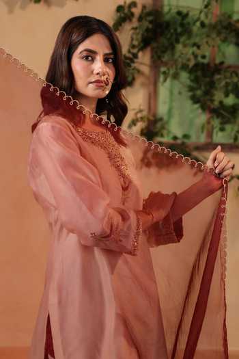 Buy Anshu Wadhwa Beige Chanderi, Organza Split V-neck Hand Embroidered And Kurta Set Online at Aza Fashions Buy_Anshu Wadhwa_Beige Chanderi, Organza Split V-neck Hand Embroidered And Kurta Set _Online_at_Aza_Fashions