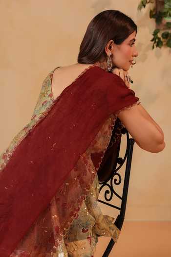 Anshu Wadhwa Green Chanderi V-neck Hand Embroidered Floral Kurta And Sharara Set Online at Aza Fashions Anshu Wadhwa_Green Chanderi V-neck Hand Embroidered Floral Kurta And Sharara Set _Online_at_Aza_Fashions