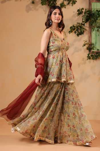 Shop Anshu Wadhwa Green Chanderi V-neck Hand Embroidered Floral Kurta And Sharara Set Online at Aza Fashions Shop_Anshu Wadhwa_Green Chanderi V-neck Hand Embroidered Floral Kurta And Sharara Set _Online_at_Aza_Fashions