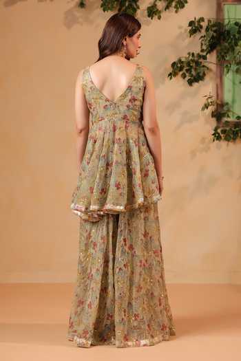Anshu Wadhwa Hand Embroidered Floral Chanderi Kurta & Sharara Set 
