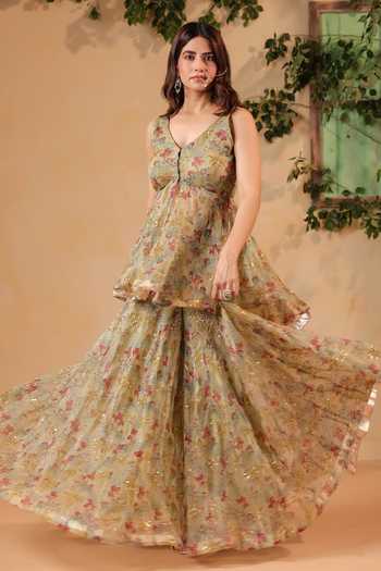 Anshu Wadhwa Hand Embroidered Floral Chanderi Kurta & Sharara Set 