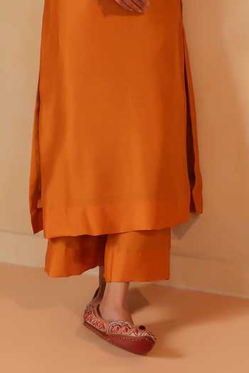 Anshu Wadhwa Mustard Chanderi Split V-neck Embroidered Straight Kurta And Pant Set Online at Aza Fashions Anshu Wadhwa_Mustard Chanderi Split V-neck Embroidered Straight Kurta And Pant Set _Online_at_Aza_Fashions