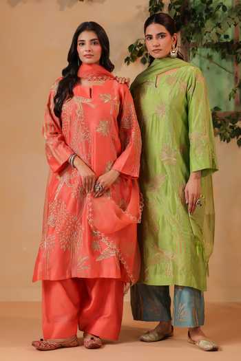 Shop Anshu Wadhwa Orange Chanderi Square Neck Embroidered Kurta And Salwar Set Shop_Anshu Wadhwa_Orange Chanderi Square Neck Embroidered Kurta And Salwar Set