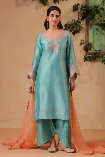 Buy Anshu Wadhwa Aqua Chanderi V-neck Embroidered Kurta And Dhoti Pant Set Online at Aza Fashions Buy_Anshu Wadhwa_Aqua Chanderi V-neck Embroidered Kurta And Dhoti Pant Set _Online_at_Aza_Fashions