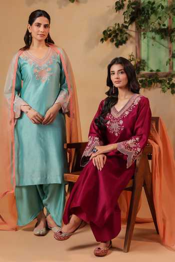 Shop Anshu Wadhwa Aqua Chanderi V-neck Embroidered Kurta And Dhoti Pant Set Online at Aza Fashions Shop_Anshu Wadhwa_Aqua Chanderi V-neck Embroidered Kurta And Dhoti Pant Set _Online_at_Aza_Fashions