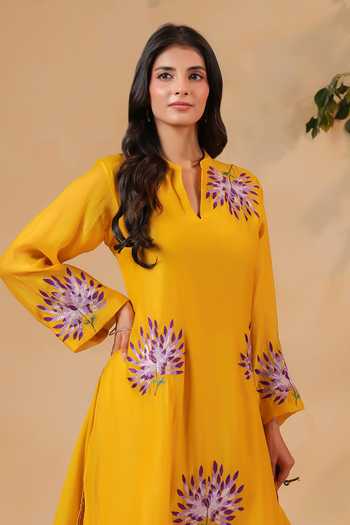 Anshu Wadhwa Yellow Chanderi Split V-neck, Yes Embroidered Kurta And Pant Set Online at Aza Fashions Anshu Wadhwa_Yellow Chanderi Split V-neck, Yes Embroidered Kurta And Pant Set _Online_at_Aza_Fashions
