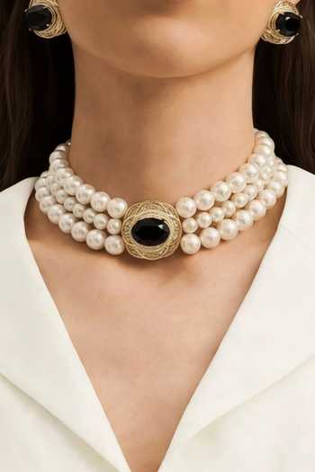 Bblingg_Black Tarana Crystal And American Diamond Choker Set _Online_at_Aza_Fashions