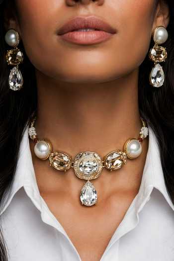 Bblingg_Gold Plated Ishna Crystal And Pearl Necklace Set _Online_at_Aza_Fashions